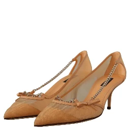 Peach Mesh Leather Chains Heels Pumps Shoes