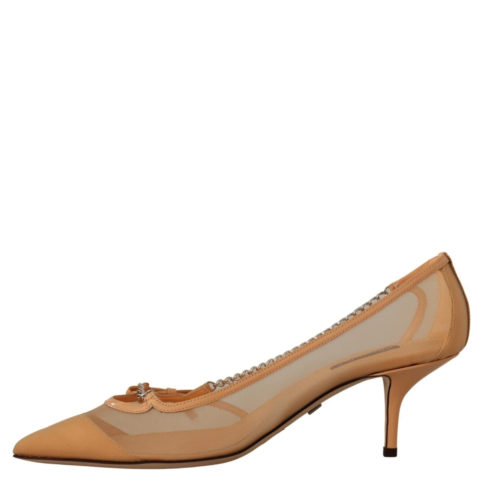 Peach Mesh Leather Chains Heels Pumps Shoes