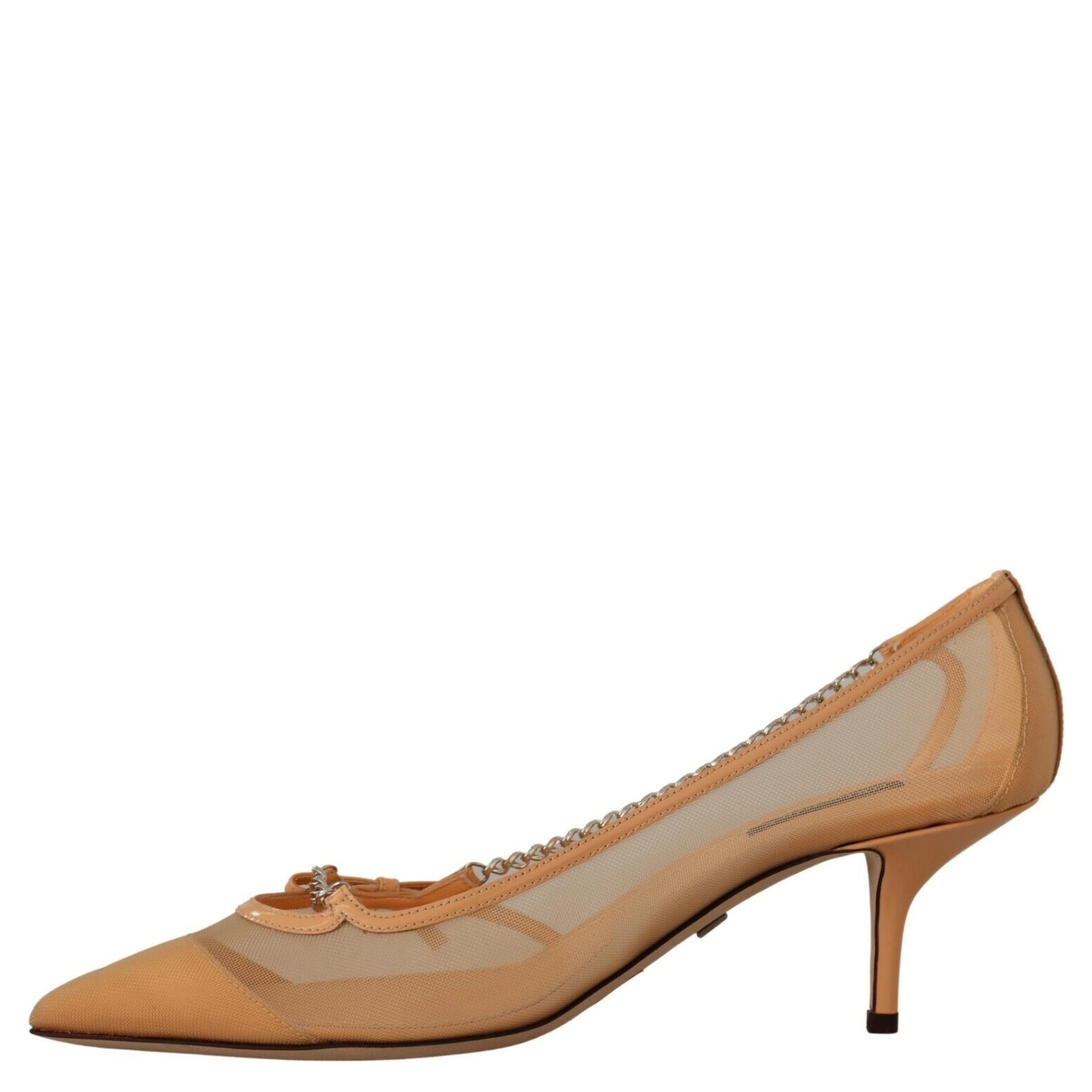 Peach Mesh Leather Chains Heels Pumps Shoes