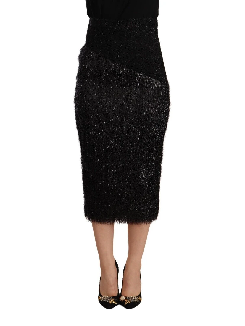 Black Tinsel High Waist Pencil Midi Viscose Skirt