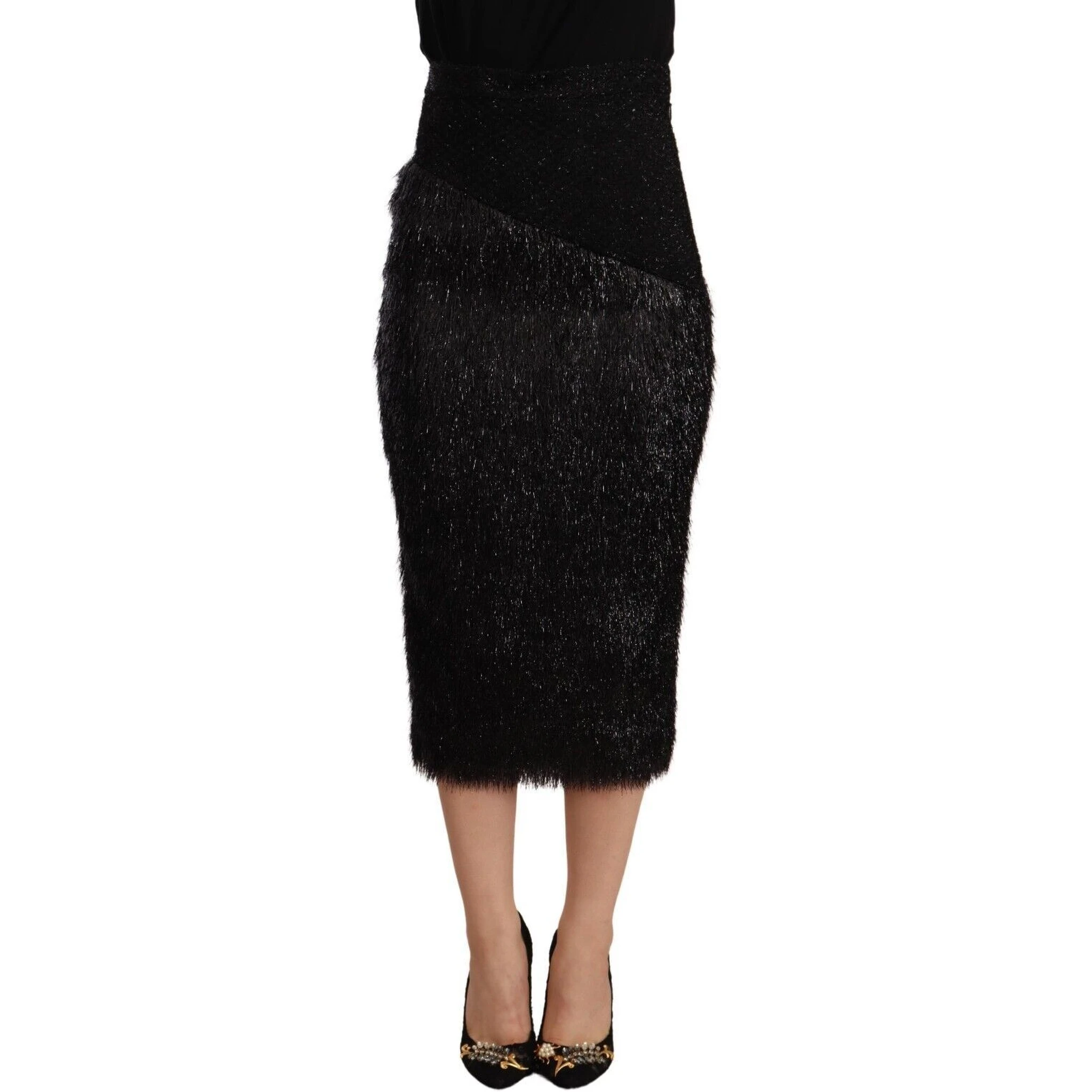 Black Tinsel High Waist Pencil Midi Viscose Skirt