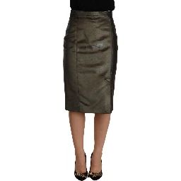 Metallic Gray High Waist Pencil Midi Skirt