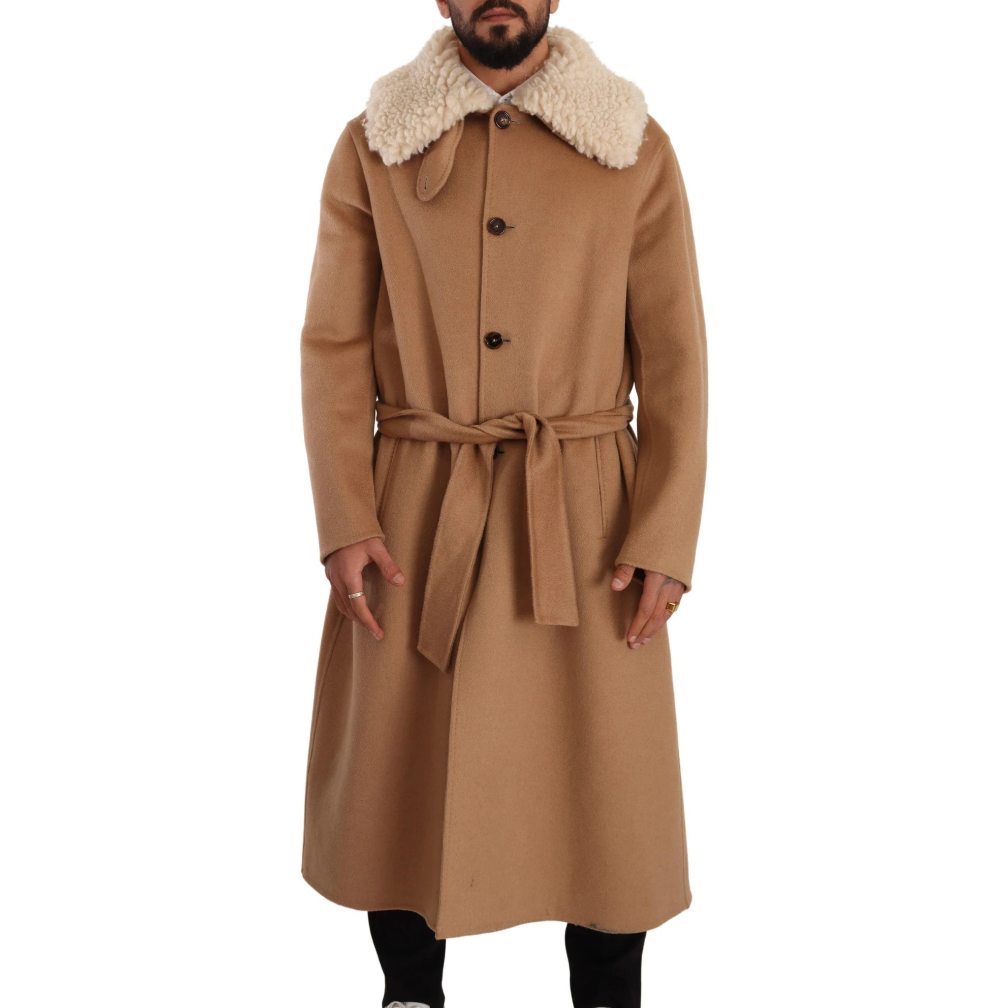 Beige Camel Skin Cashmere Shearling Overcoat Jacket