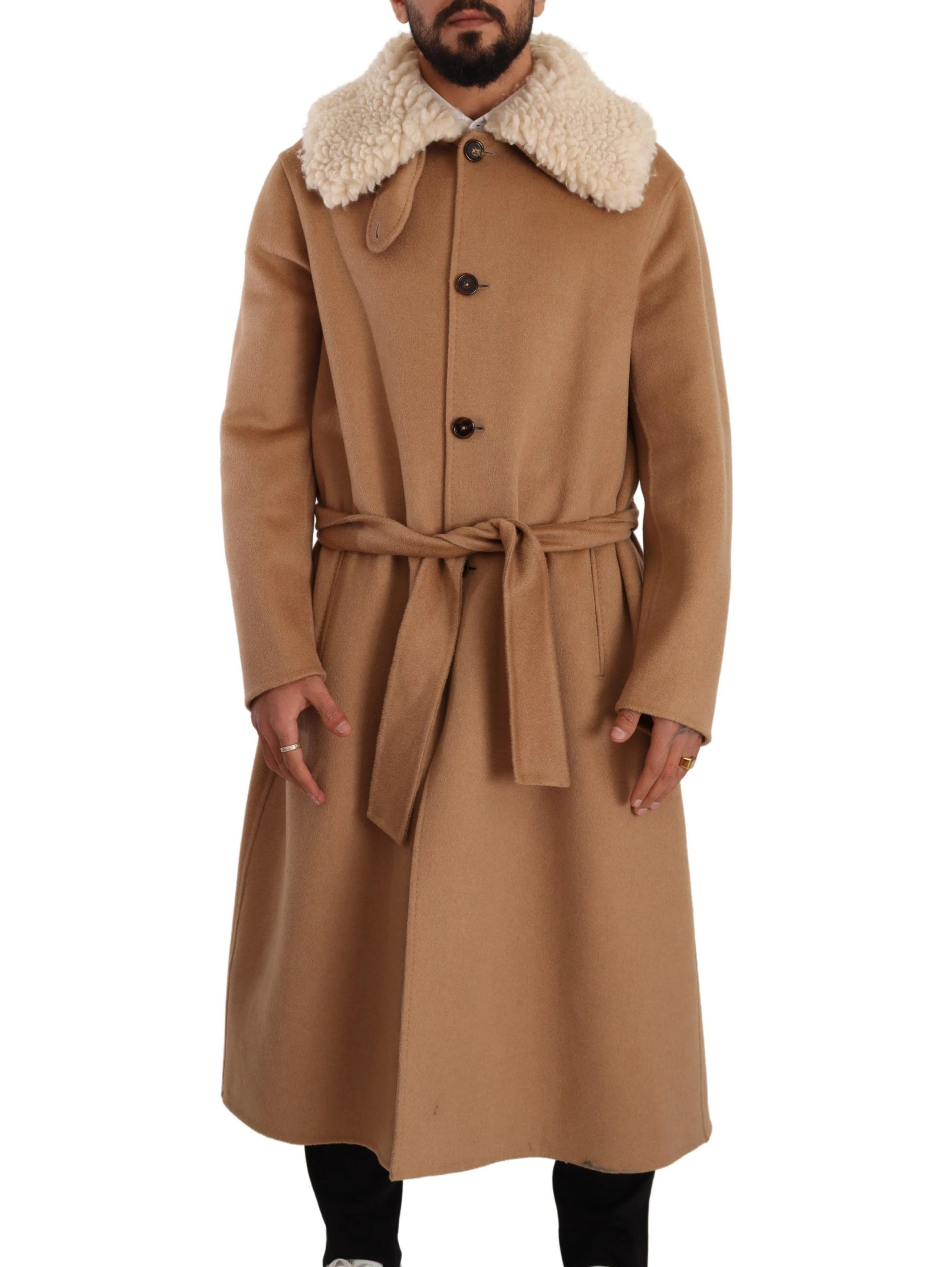 Beige Camel Skin Cashmere Shearling Overcoat Jacket