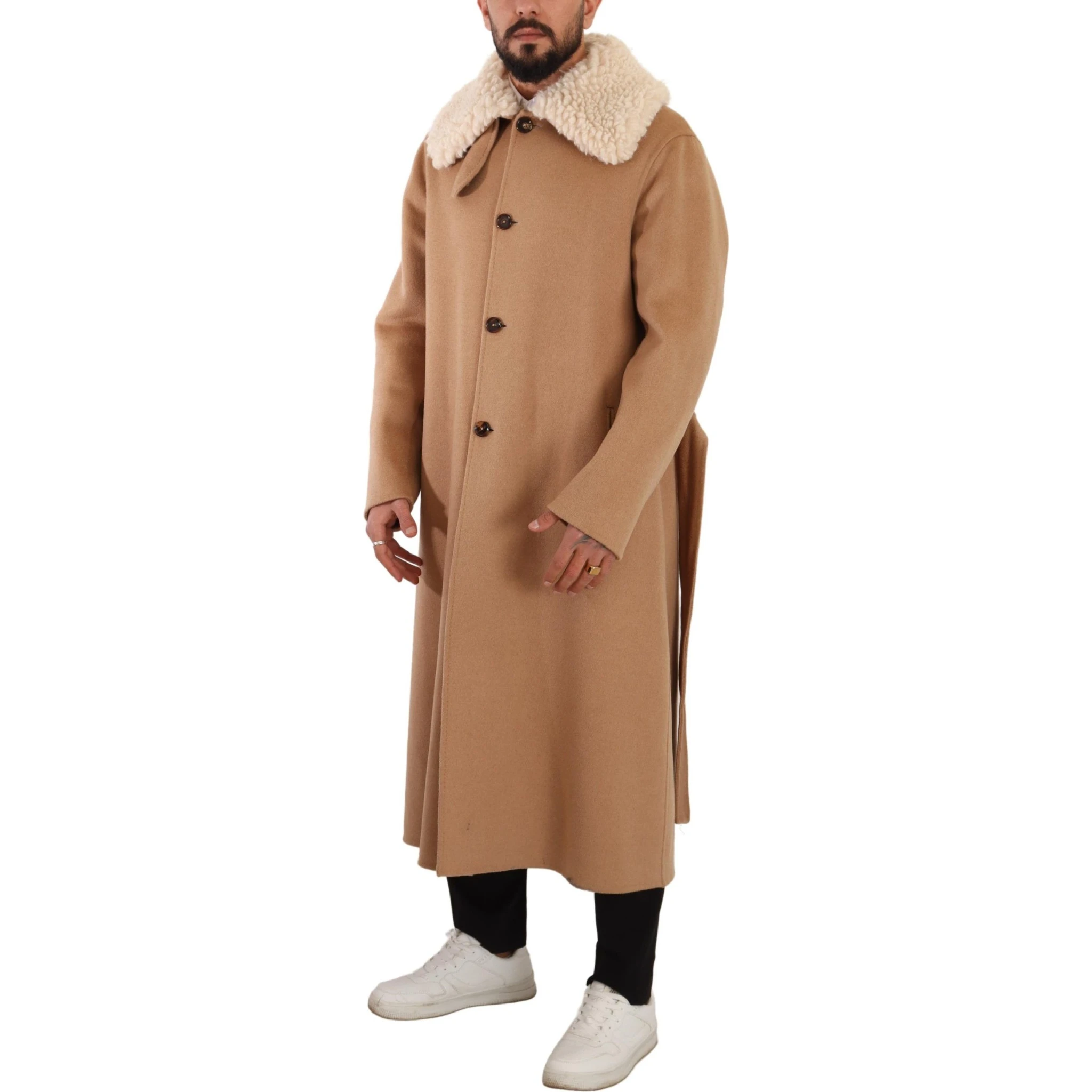 Beige Camel Skin Cashmere Shearling Overcoat Jacket