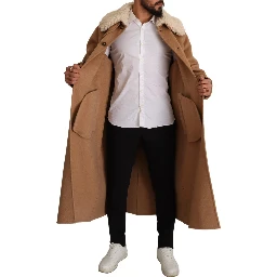 Beige Camel Skin Cashmere Shearling Overcoat Jacket
