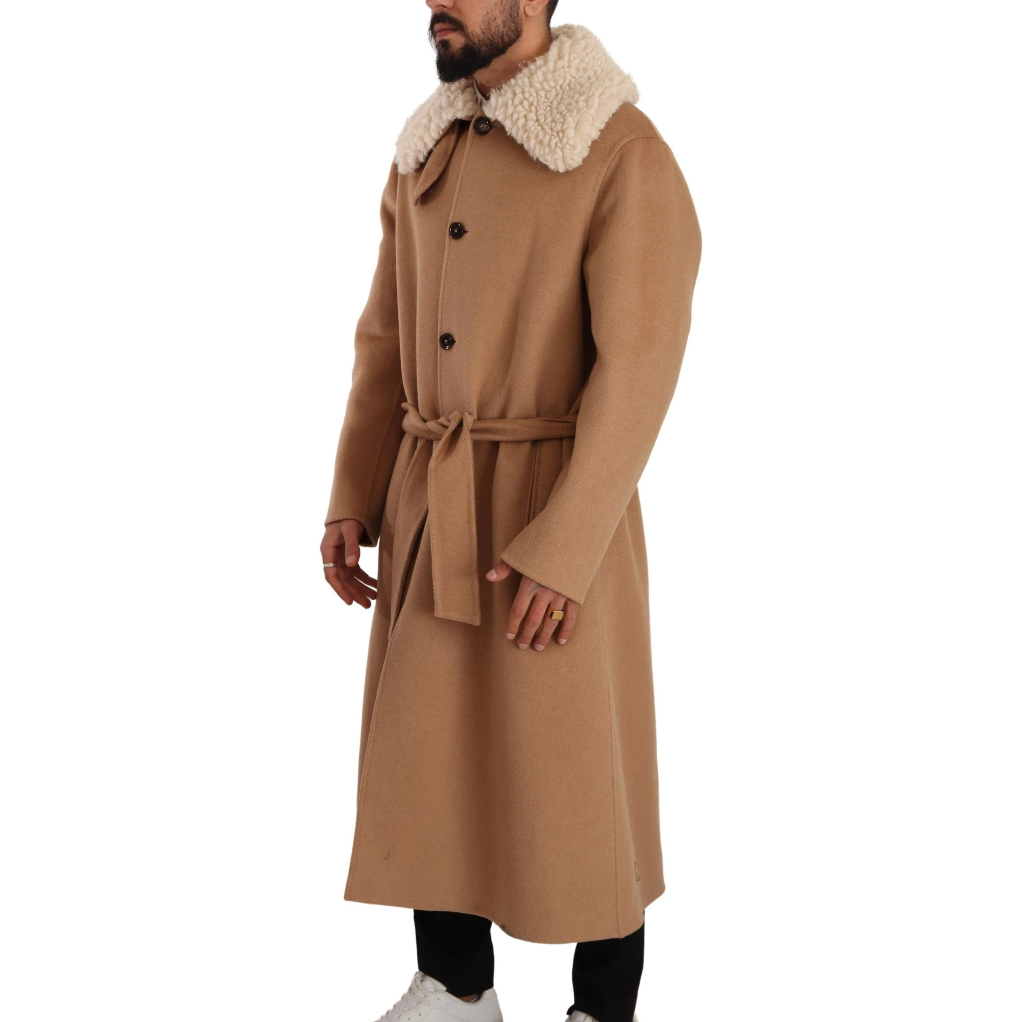 Beige Camel Skin Cashmere Shearling Overcoat Jacket