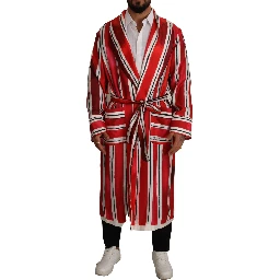 Red White Striped Silk Mens Night Gown Robe