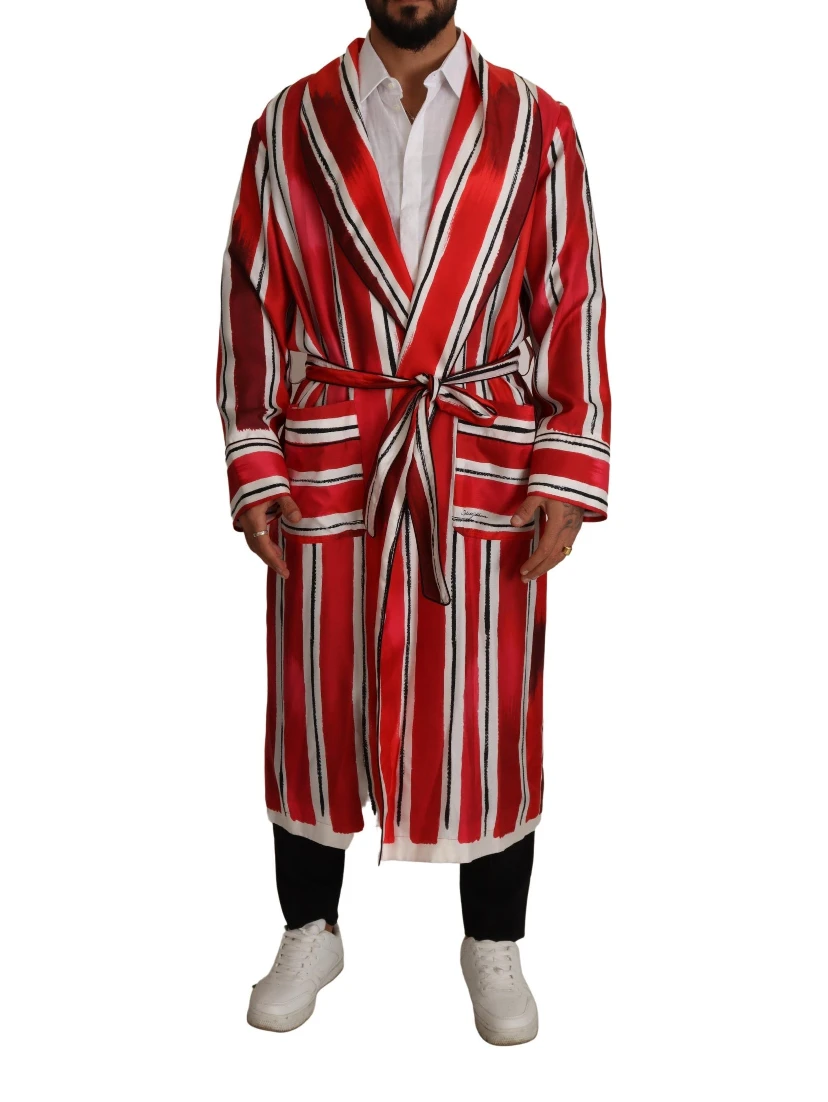 Red White Striped Silk Mens Night Gown Robe