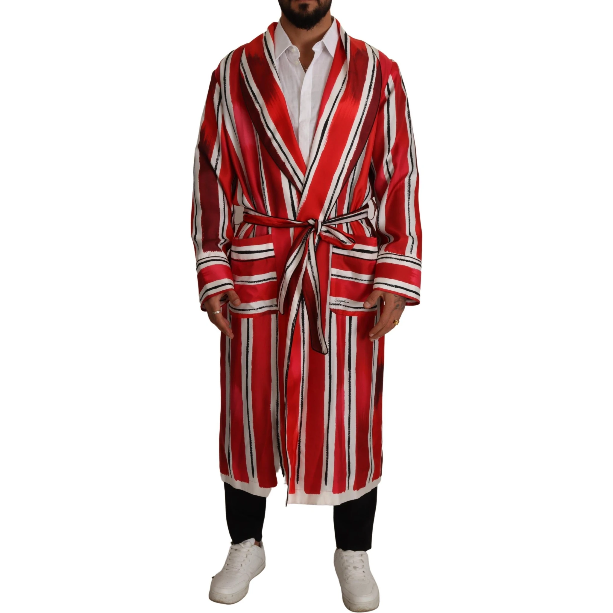 Red White Striped Silk Mens Night Gown Robe