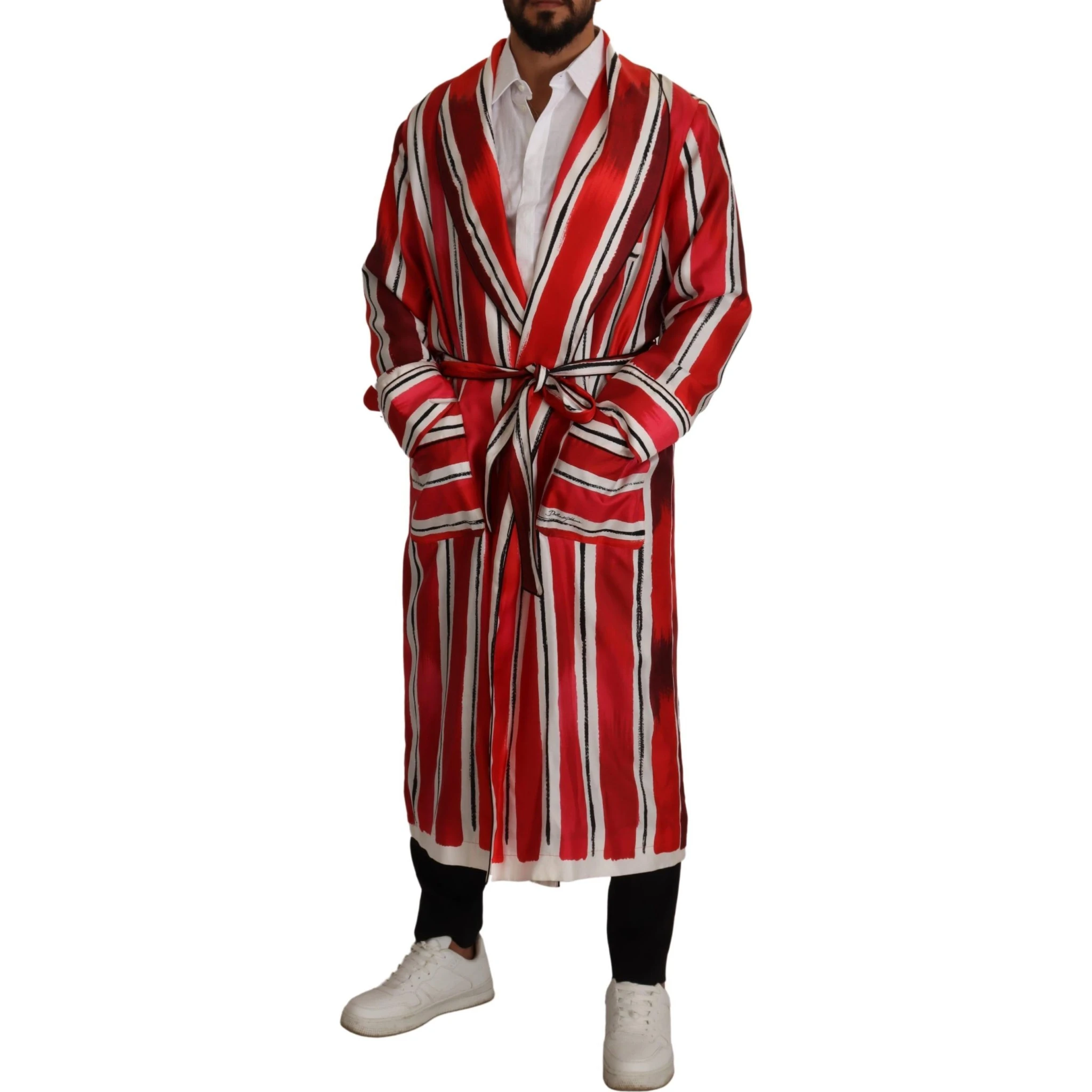 Red White Striped Silk Mens Night Gown Robe
