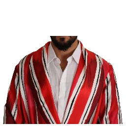 Red White Striped Silk Mens Night Gown Robe