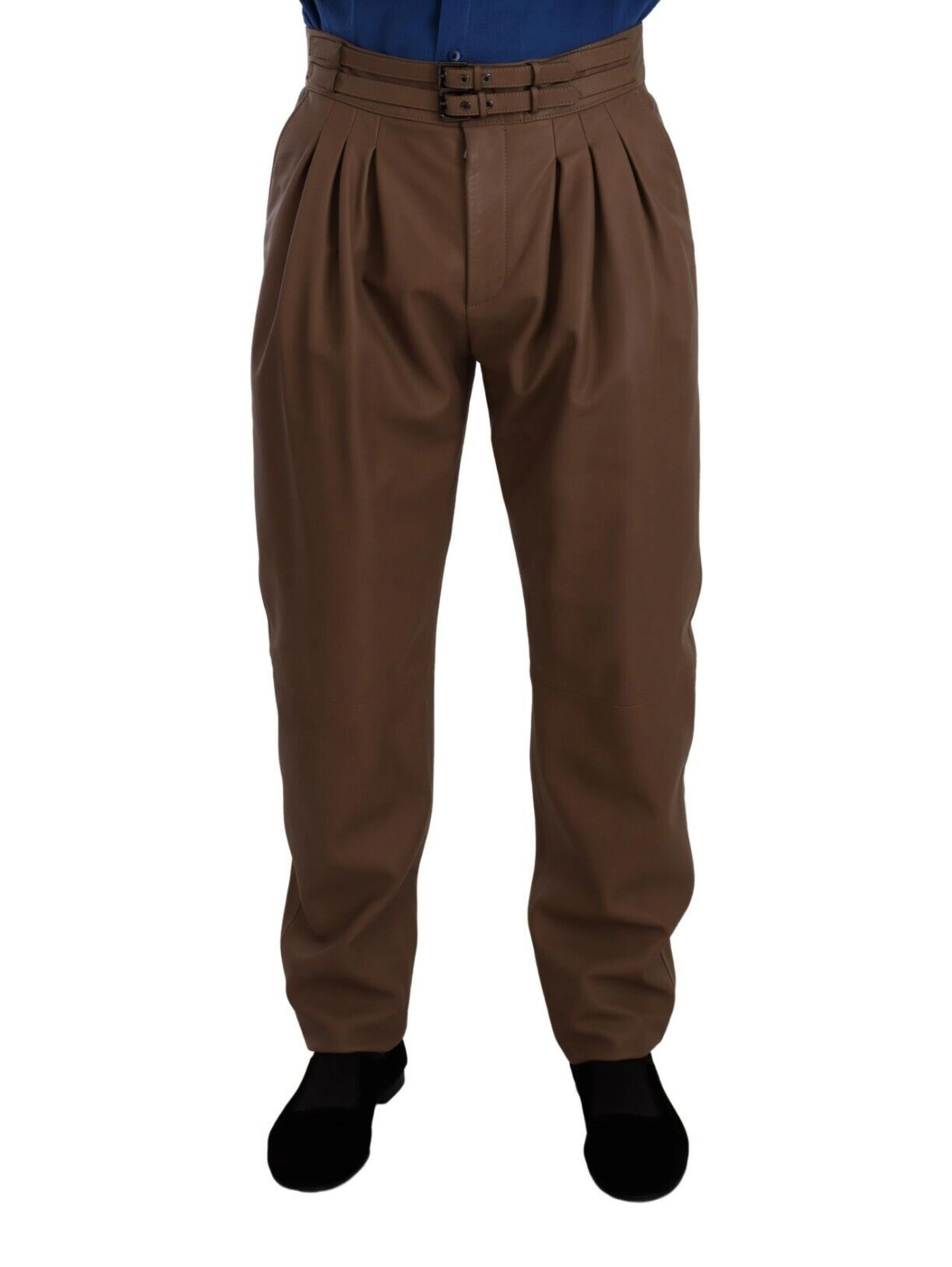 Brown Leather Tapered High Waist Pants