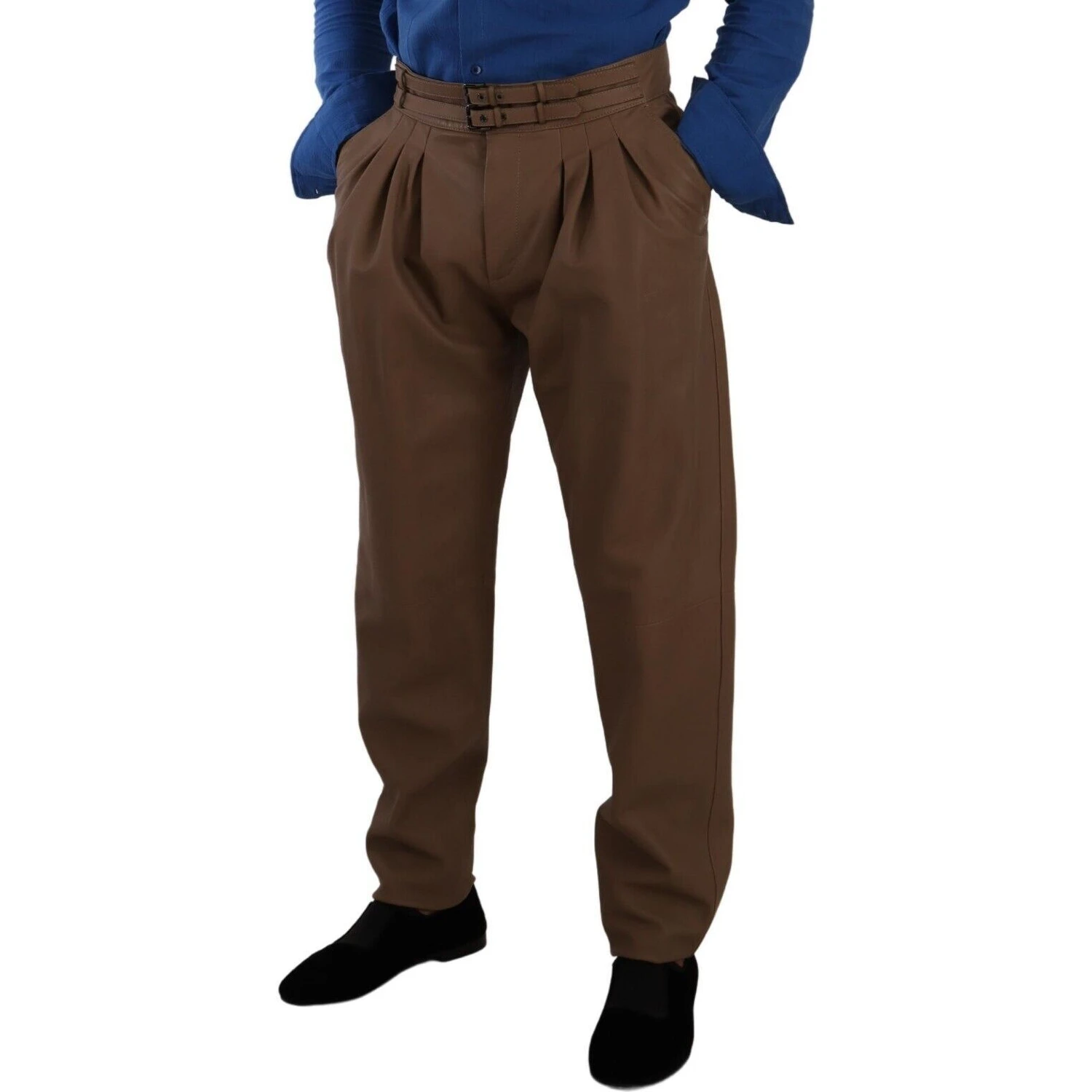 Brown Leather Tapered High Waist Pants