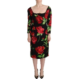 Black Red Roses Sheath Stretch Silk Dress