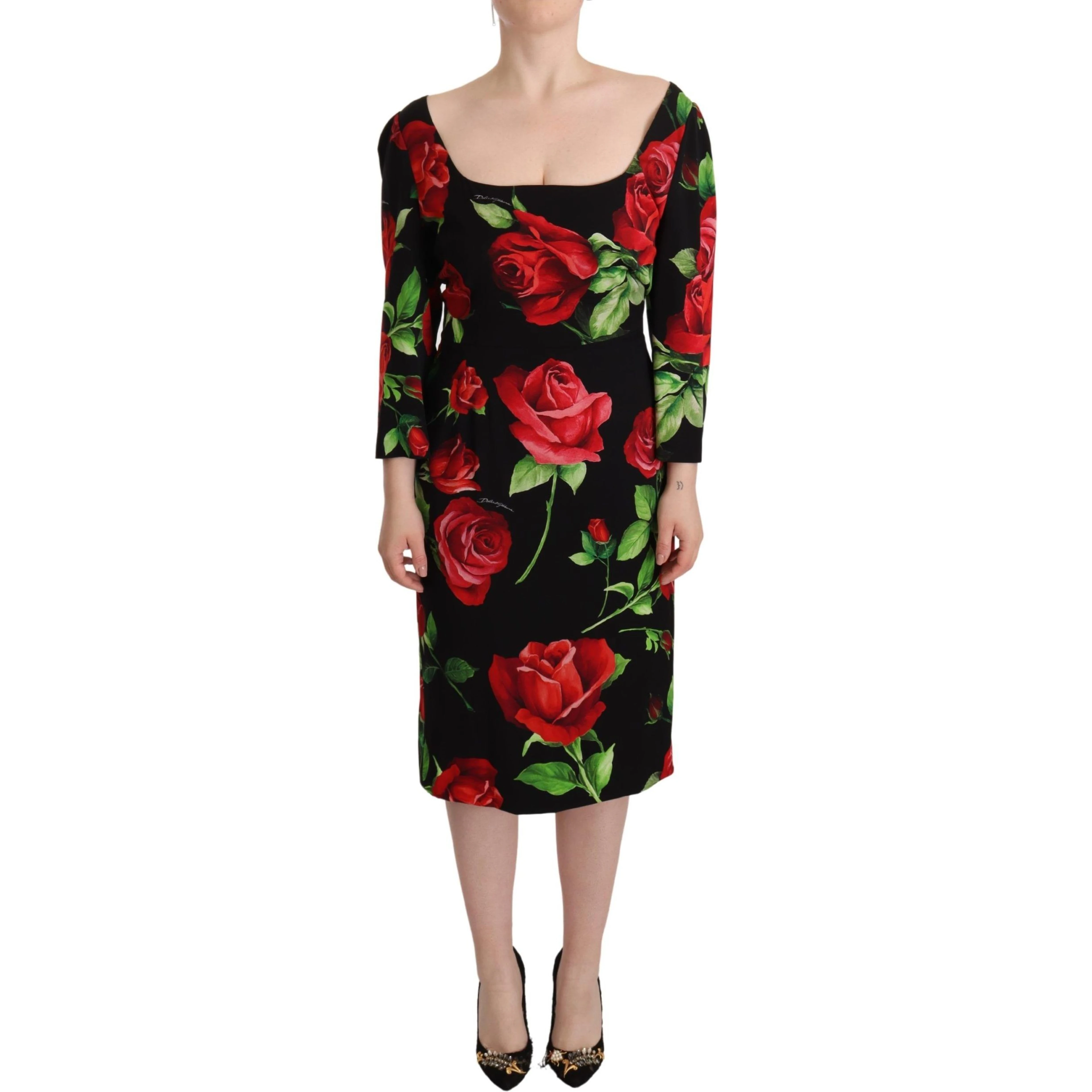 Black Red Roses Sheath Stretch Silk Dress