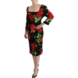 Black Red Roses Sheath Stretch Silk Dress