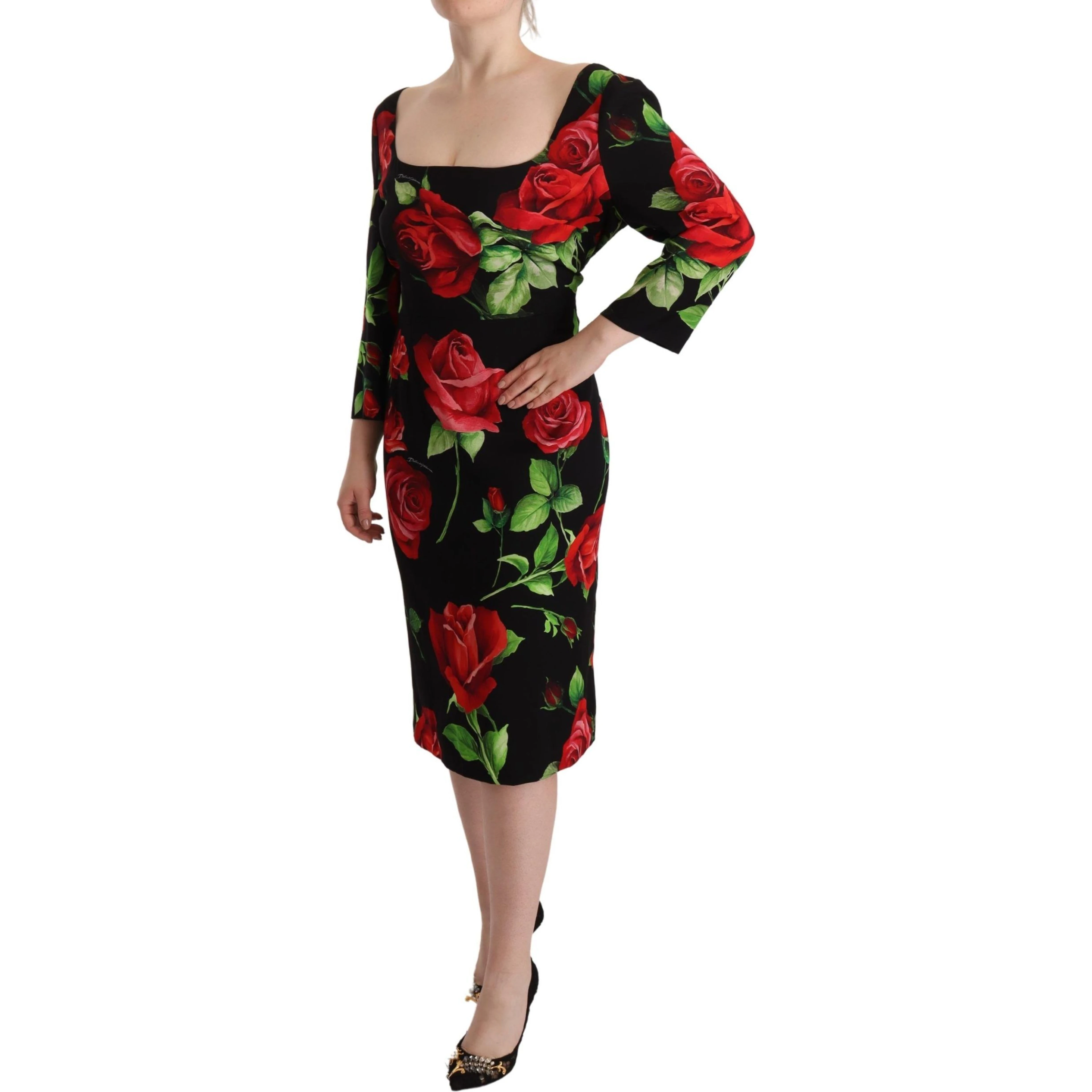 Black Red Roses Sheath Stretch Silk Dress