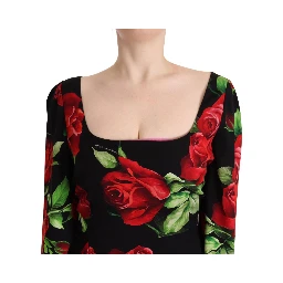 Black Red Roses Sheath Stretch Silk Dress