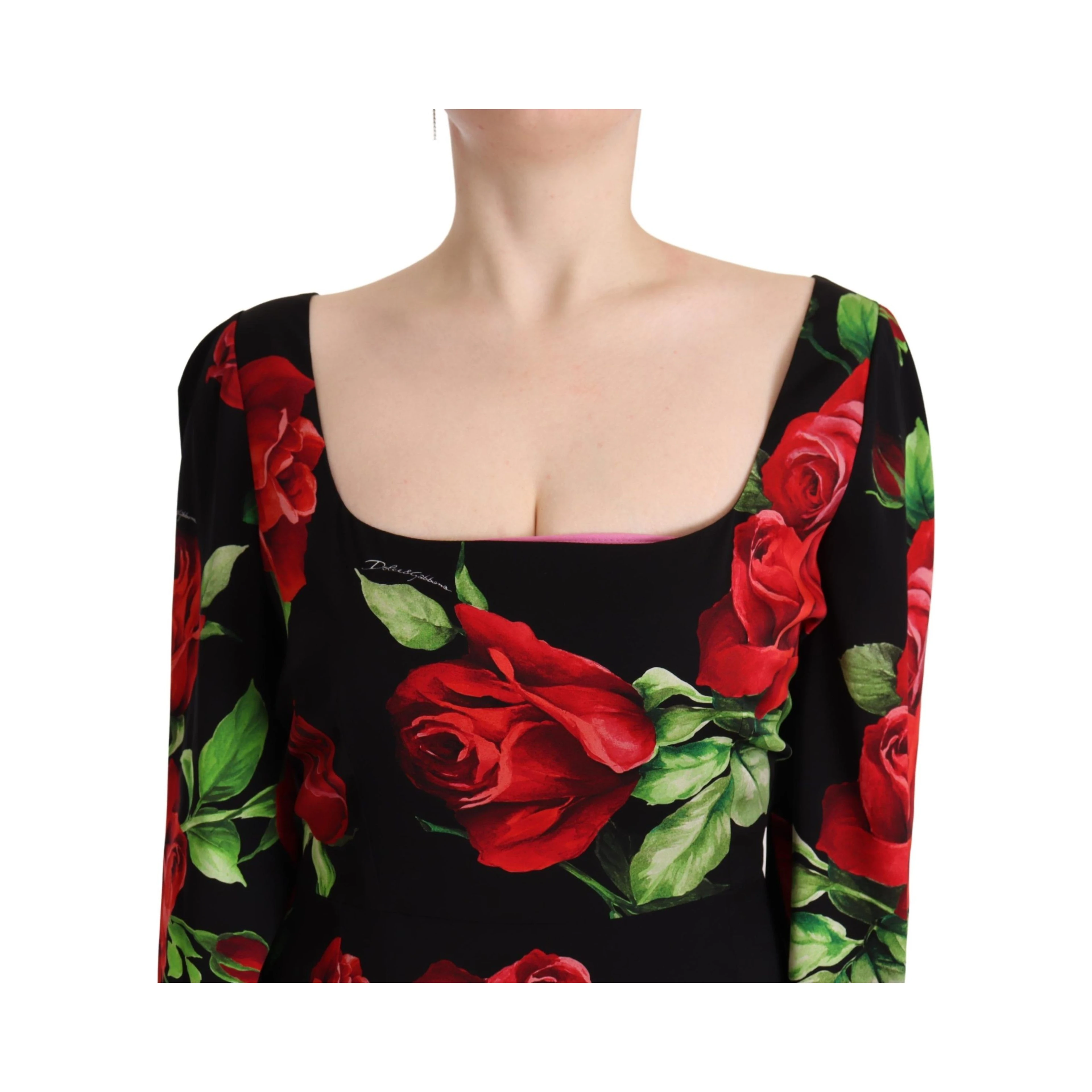 Black Red Roses Sheath Stretch Silk Dress