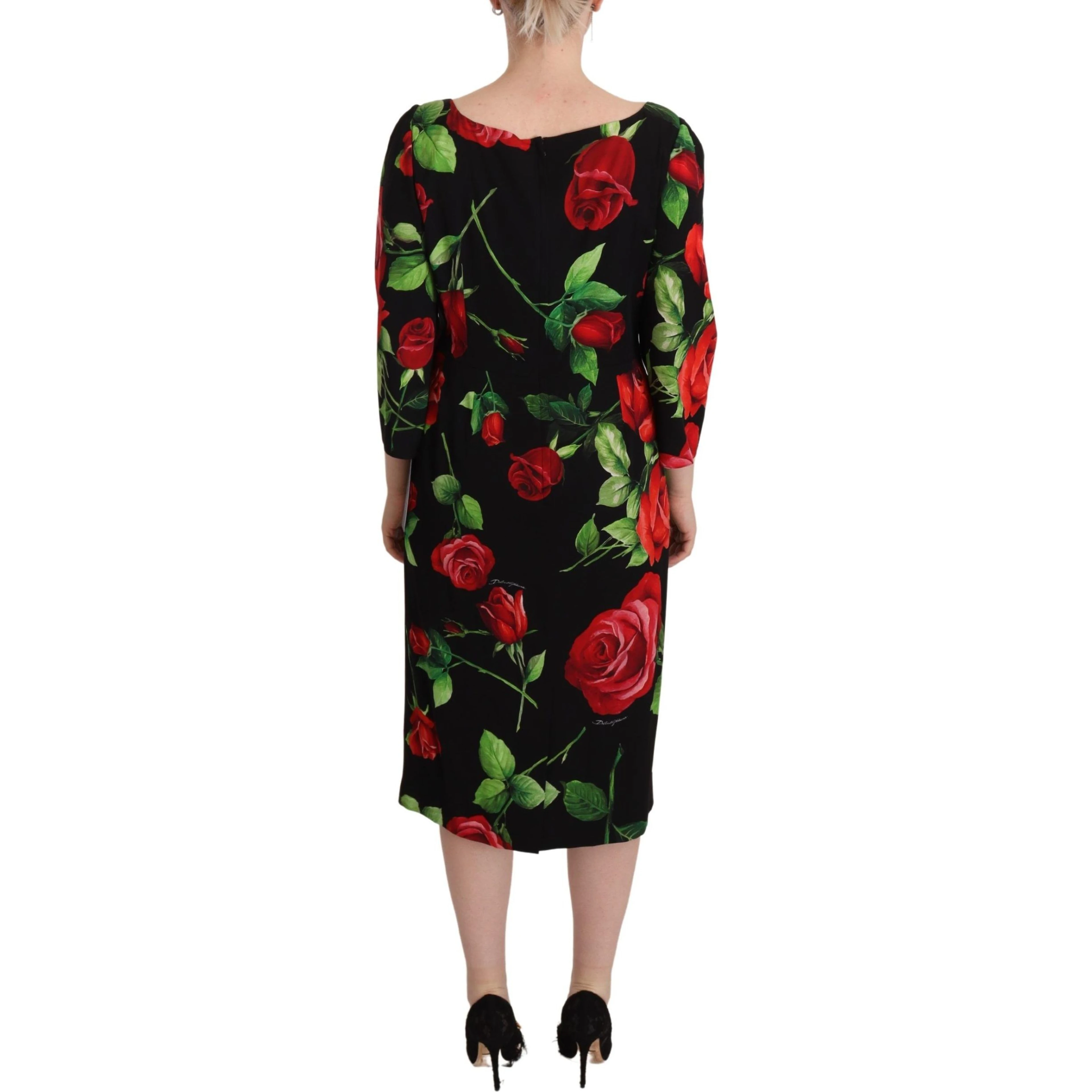 Black Red Roses Sheath Stretch Silk Dress