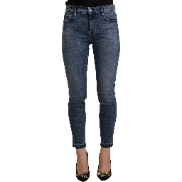 Blue Mid Waist Cotton Denim Slim Fit Cropped Jeans