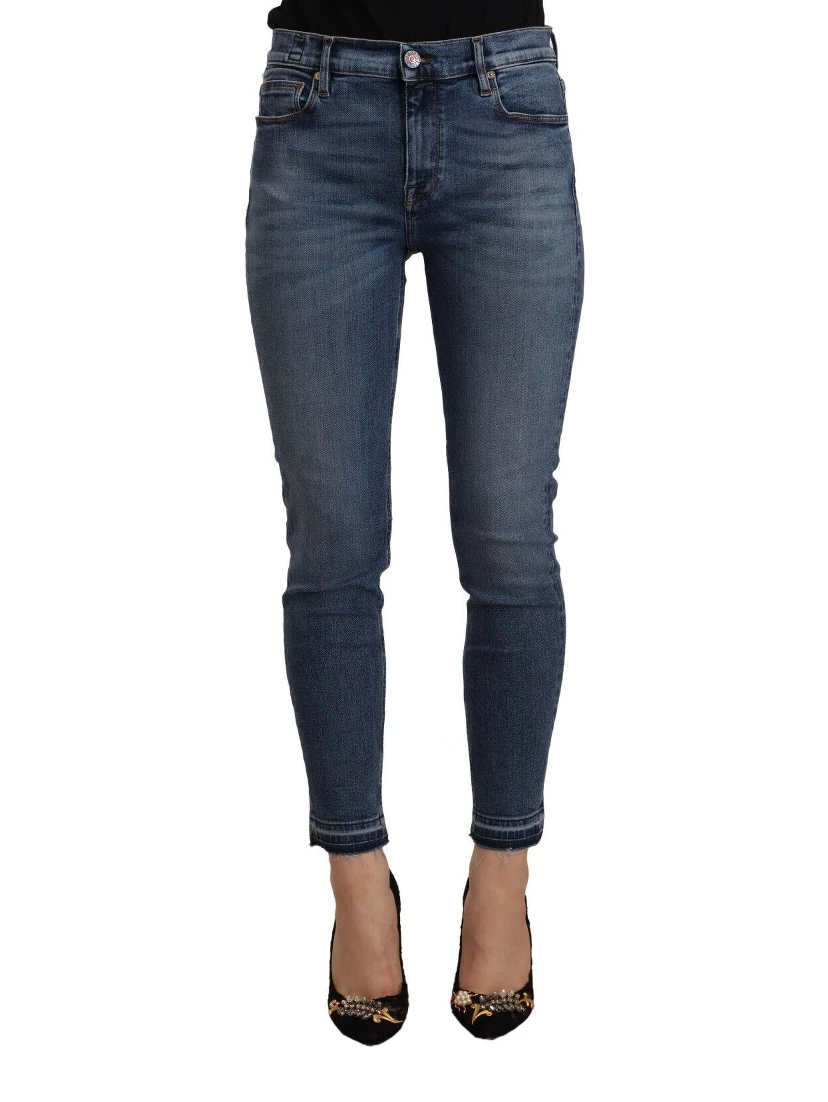 Blue Mid Waist Cotton Denim Slim Fit Cropped Jeans