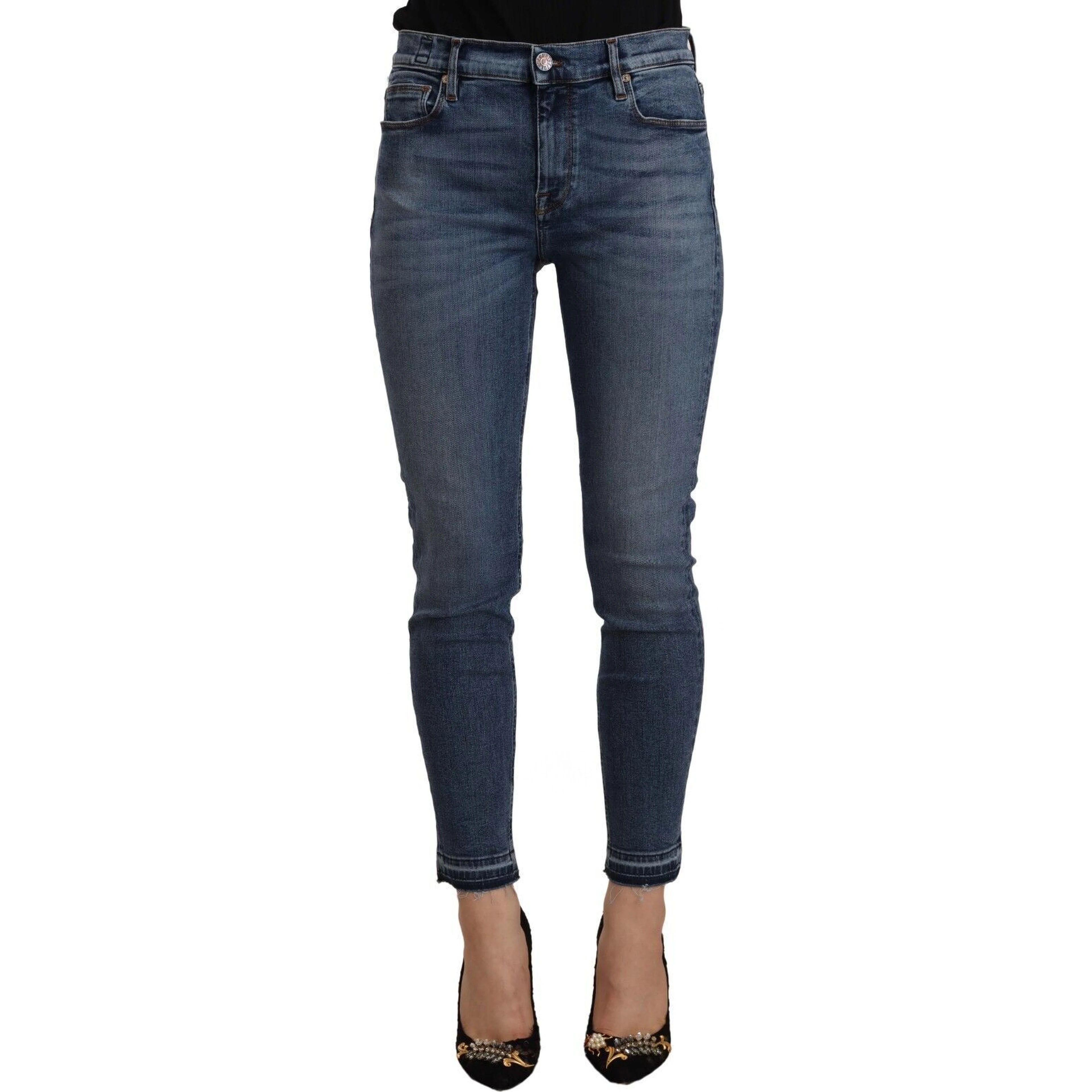 Blue Mid Waist Cotton Denim Slim Fit Cropped Jeans