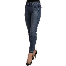 Blue Mid Waist Cotton Denim Slim Fit Cropped Jeans
