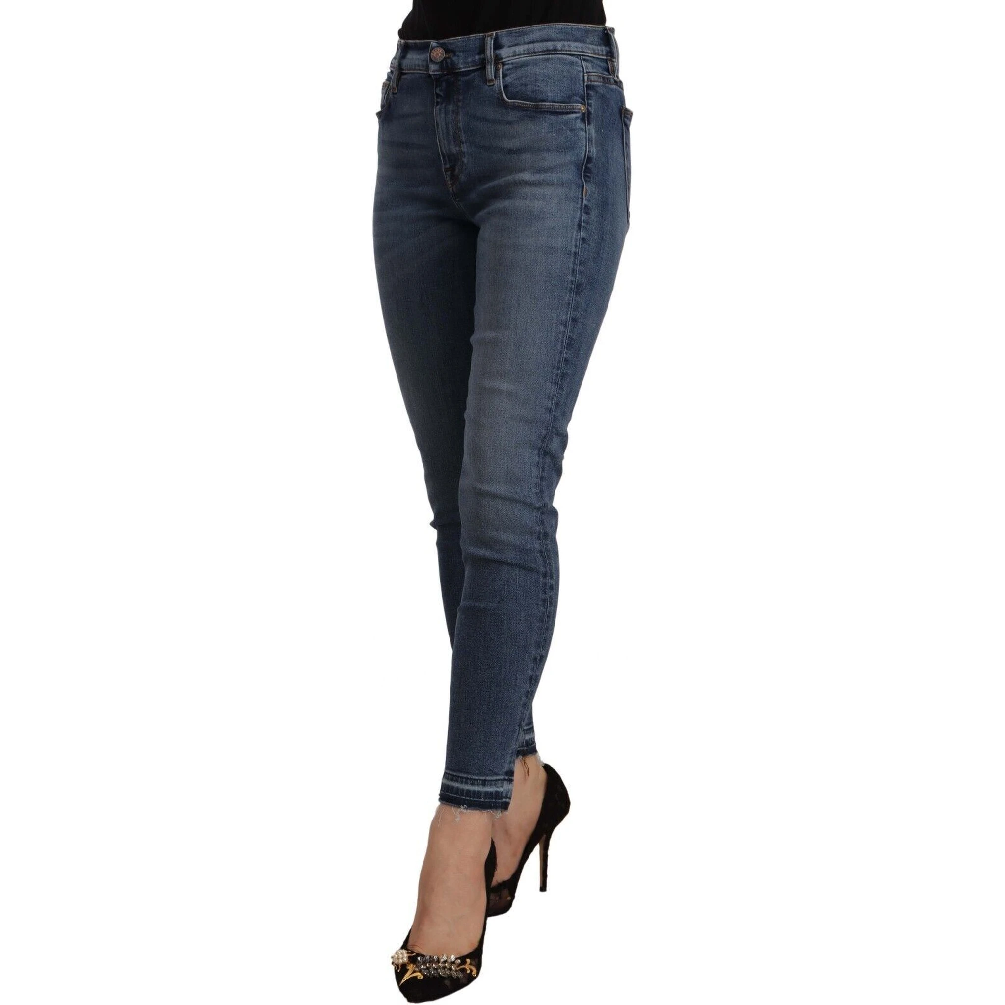 Blue Mid Waist Cotton Denim Slim Fit Cropped Jeans