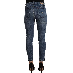 Blue Mid Waist Cotton Denim Slim Fit Cropped Jeans