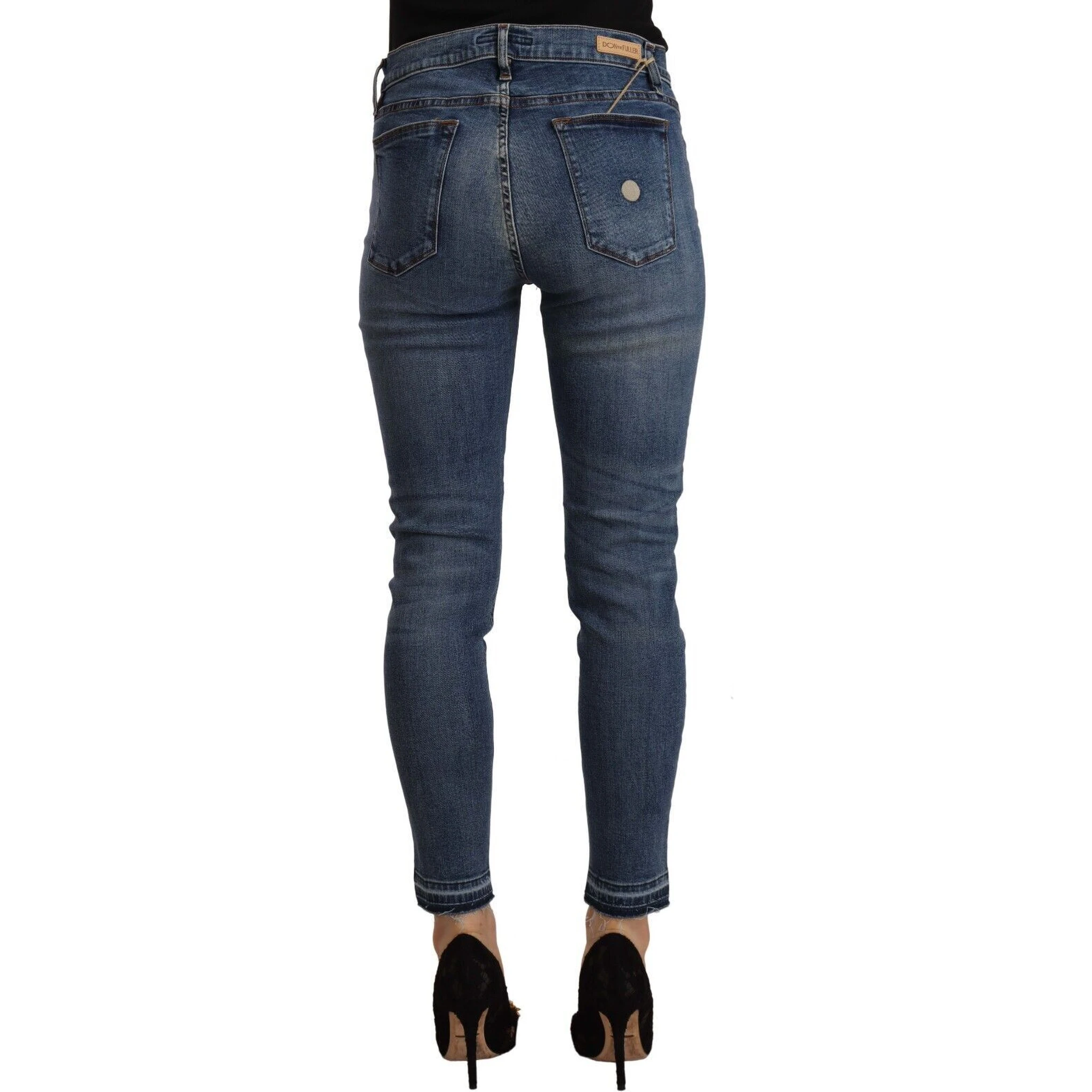 Blue Mid Waist Cotton Denim Slim Fit Cropped Jeans