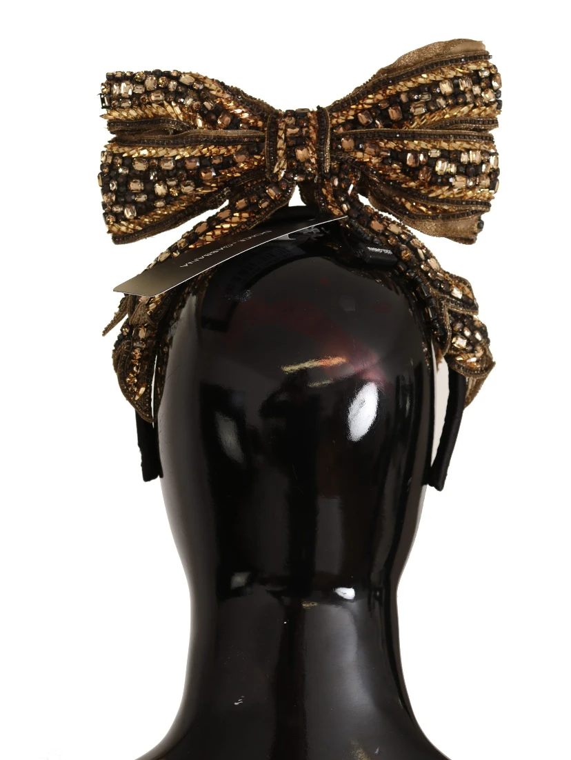 Gold Crystal Beaded Sequined Silk Bow Headband Diadem