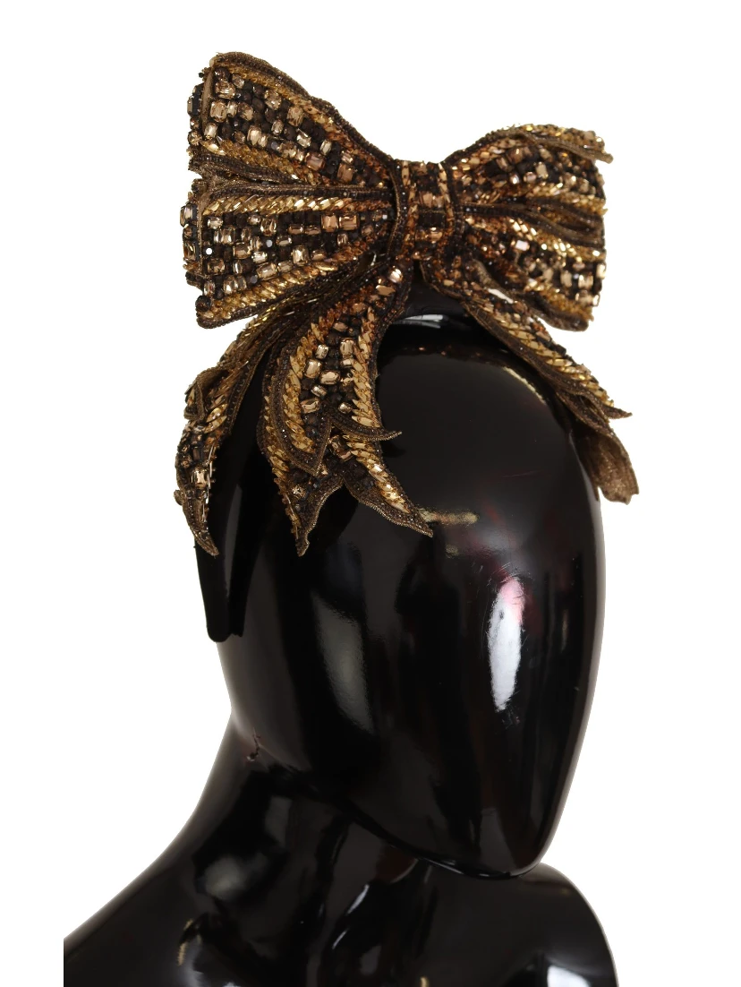Gold Crystal Beaded Sequined Silk Bow Headband Diadem