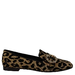Gold Leopard Print Crystals Loafers Shoes