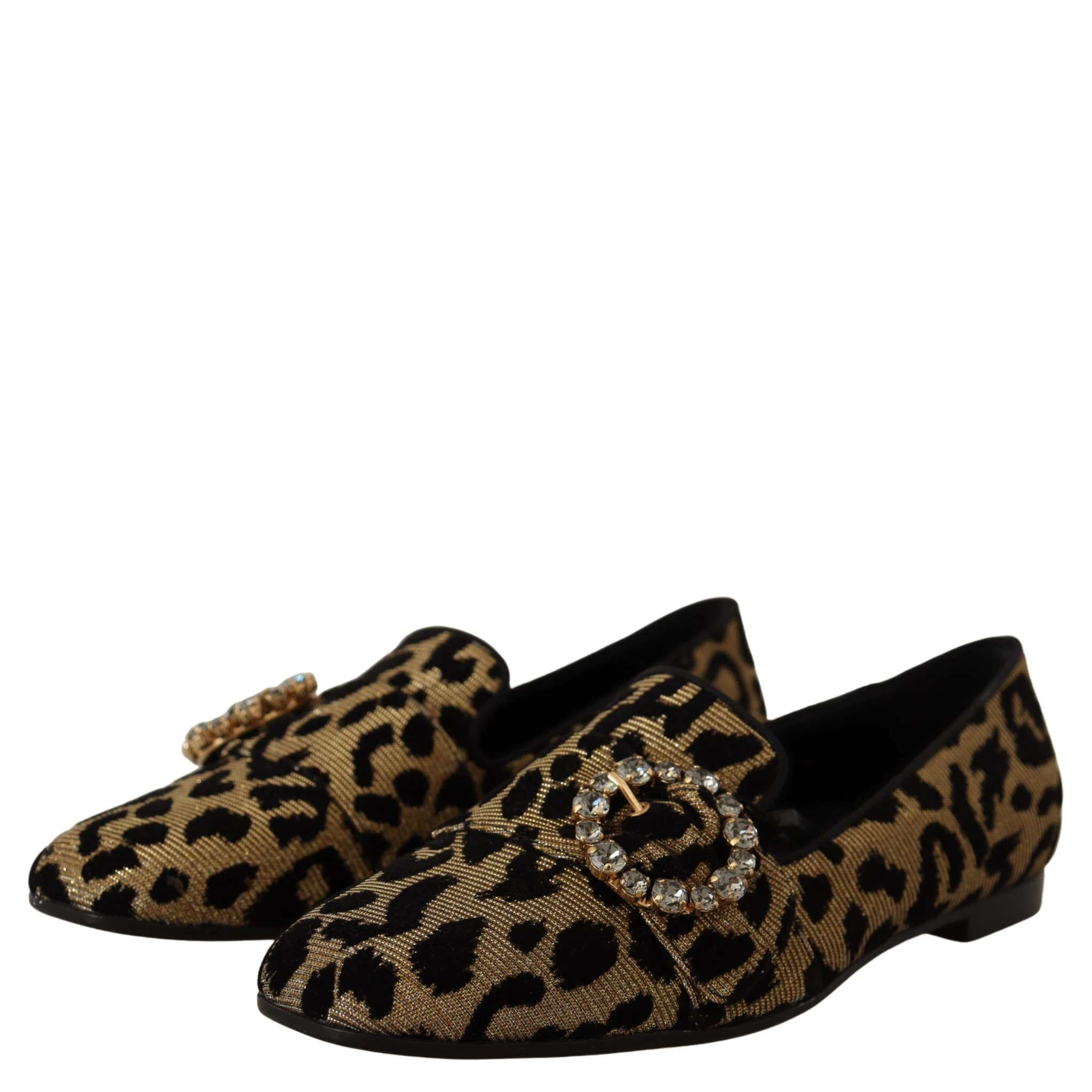 Gold Leopard Print Crystals Loafers Shoes