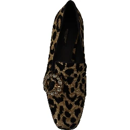 Gold Leopard Print Crystals Loafers Shoes
