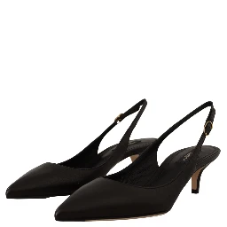 Black Leather Slingbacks Heels Pumps Shoes