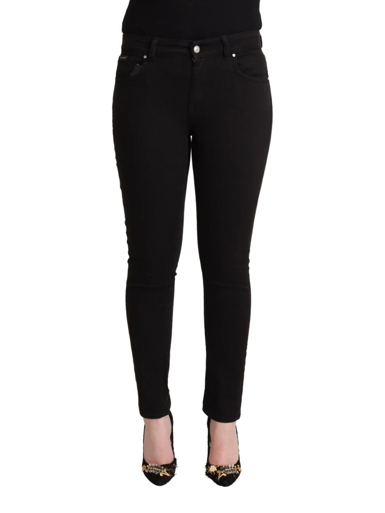 Black Cotton Mid Waist Denim Slim Fit Jeans