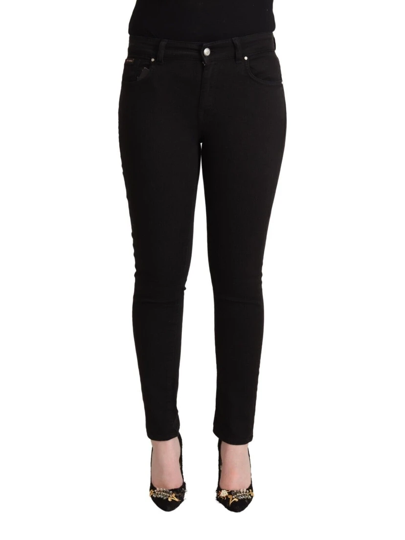 Black Cotton Mid Waist Denim Slim Fit Jeans