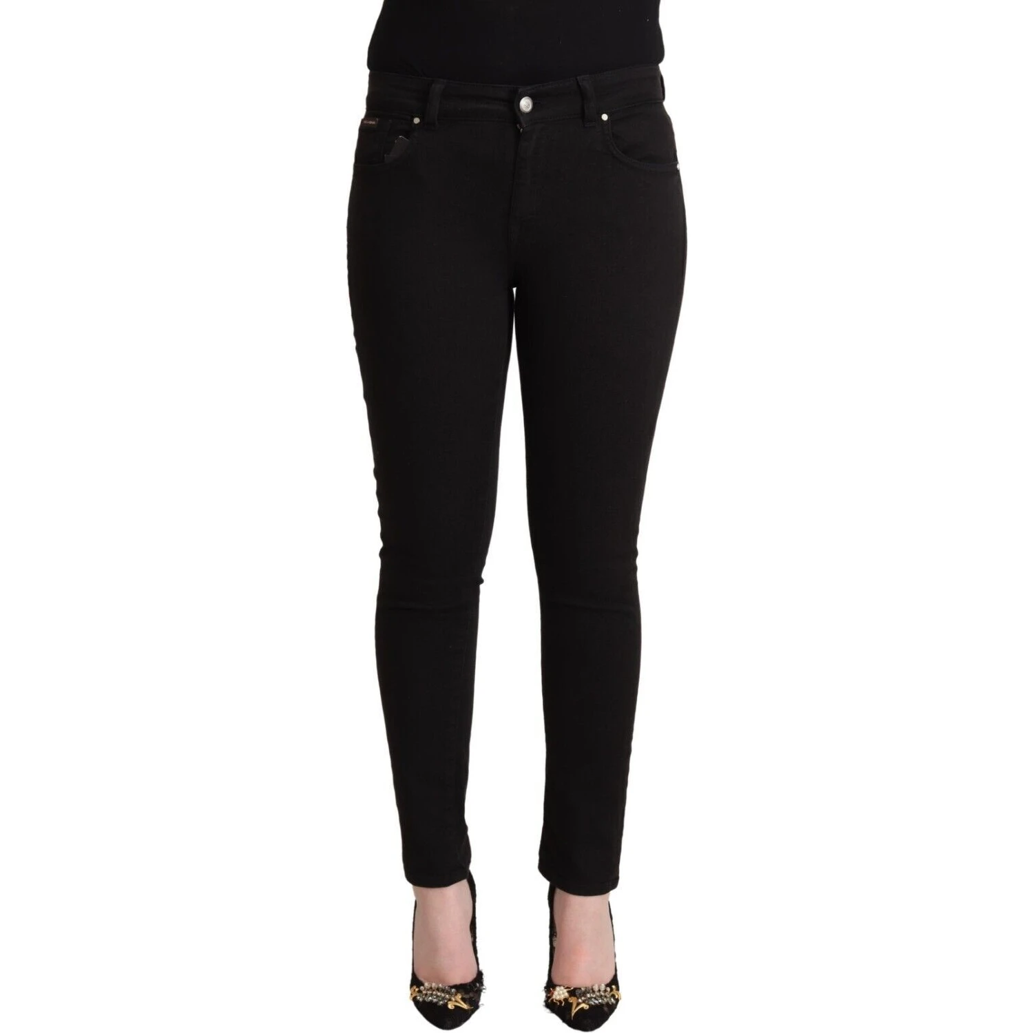 Black Cotton Mid Waist Denim Slim Fit Jeans