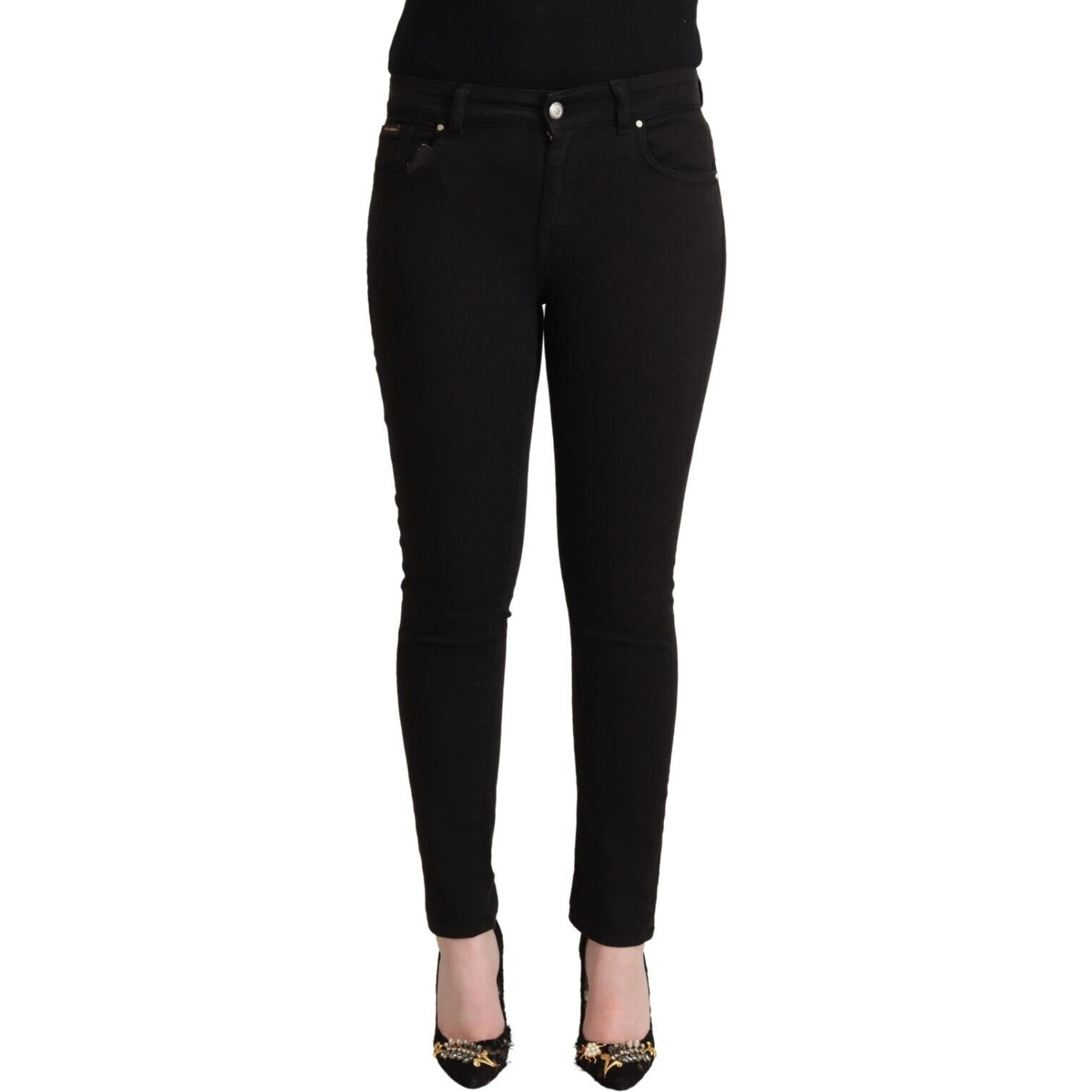 Black Cotton Mid Waist Denim Slim Fit Jeans