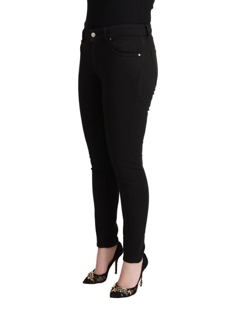 Black Cotton Mid Waist Denim Slim Fit Jeans