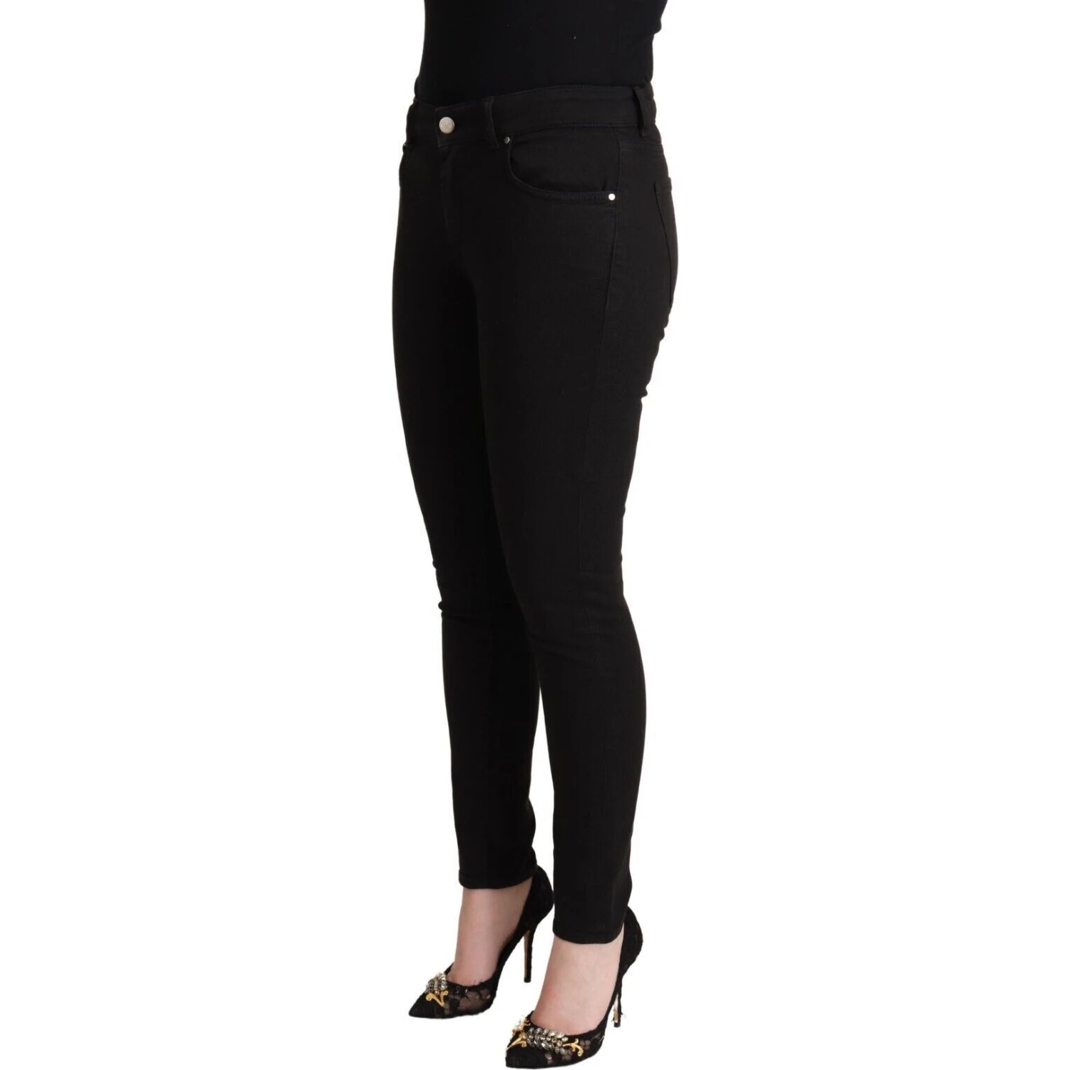 Black Cotton Mid Waist Denim Slim Fit Jeans