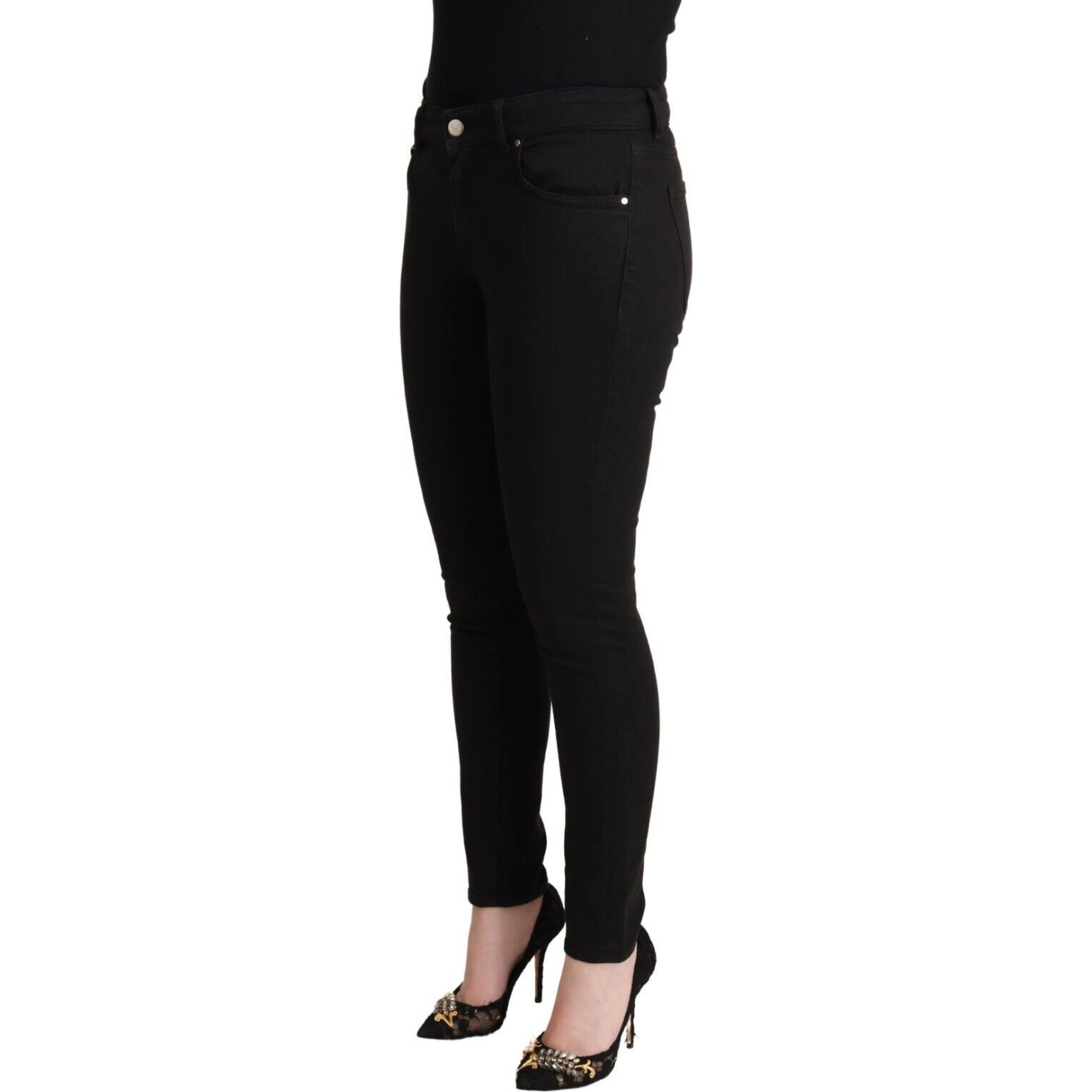 Black Cotton Mid Waist Denim Slim Fit Jeans