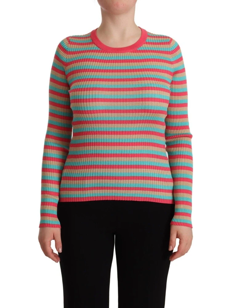 Multicolor Stripes Silk Crew Neck Pullover Top