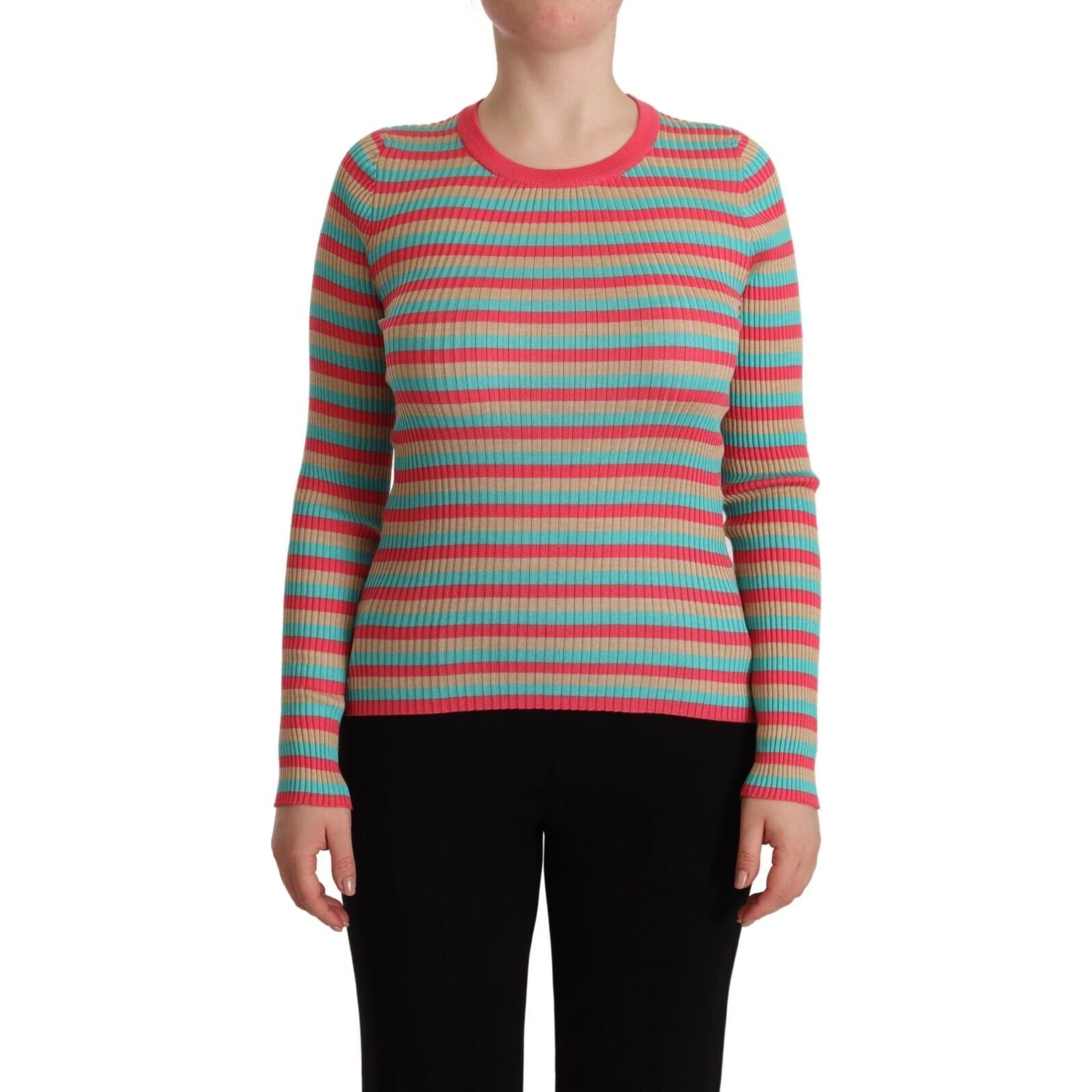 Multicolor Stripes Silk Crew Neck Pullover Top
