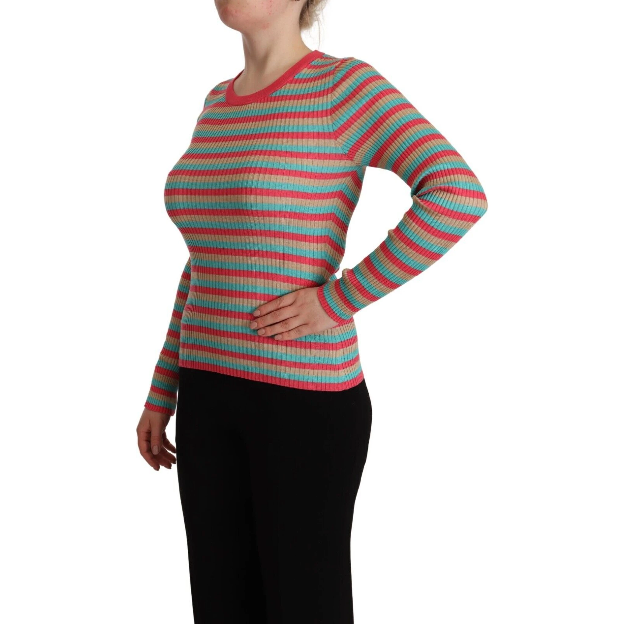 Multicolor Stripes Silk Crew Neck Pullover Top