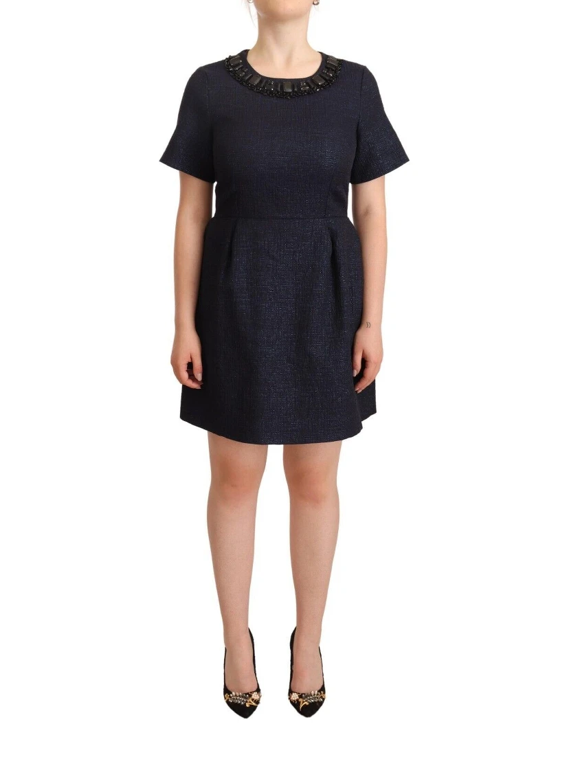 Black Embellished Short Sleeves Mini A-line Dress