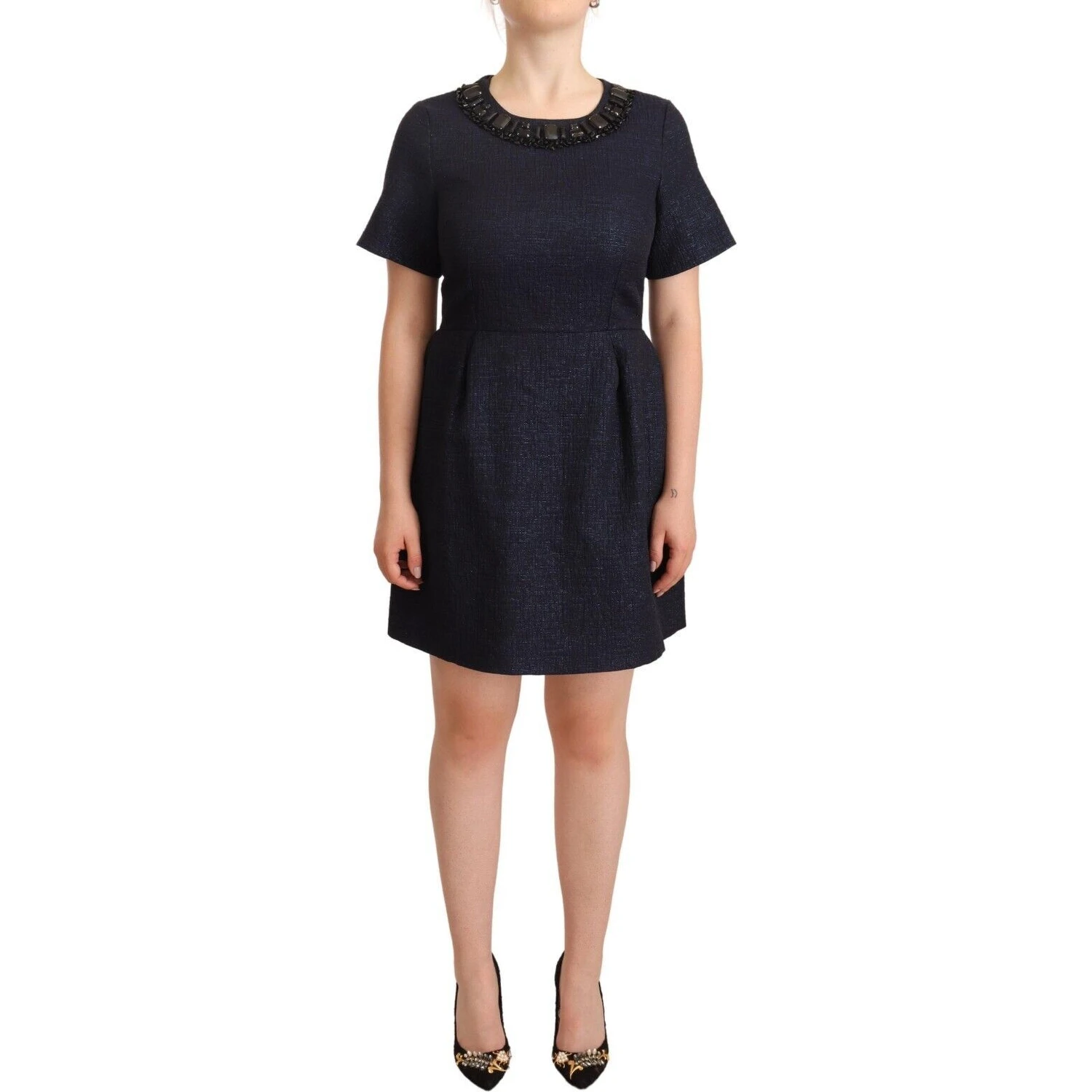 Black Embellished Short Sleeves Mini A-line Dress